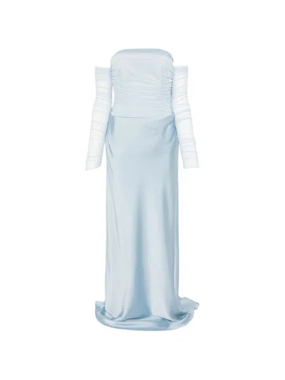 Rotate Birger Christensen Rotate Off-the-shoulder Maxi Dress With Sheer Mesh Sleeves And Draped Front In Azzurro