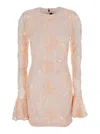 Rotate Birger Christensen Rotate Pink Mini Dress With Flared Sleeves And All-over Floral Embroidery In Tech Fabric Stretch Wom
