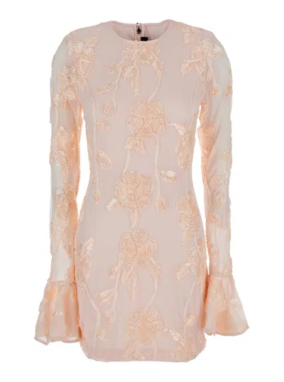 Rotate Birger Christensen Rotate Pink Mini Dress With Flared Sleeves And All-over Floral Embroidery In Tech Fabric Stretch Wom