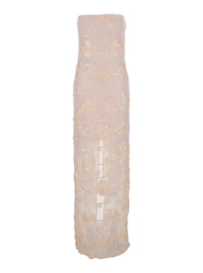 Rotate Birger Christensen Rotate Pink Off-shoulder Sleeveless Long Dress With All-over Floral Embroidey And Rear Single Slit I