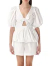 Rotate Birger Christensen Rotate Bubble Top With Puff Sleeves And V-neck Detail In White