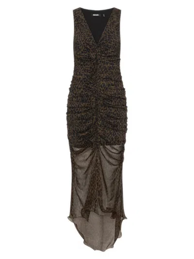 Rotate Birger Christensen Rotate Ruffled Leopard Print Sheer Midi Dress In Black