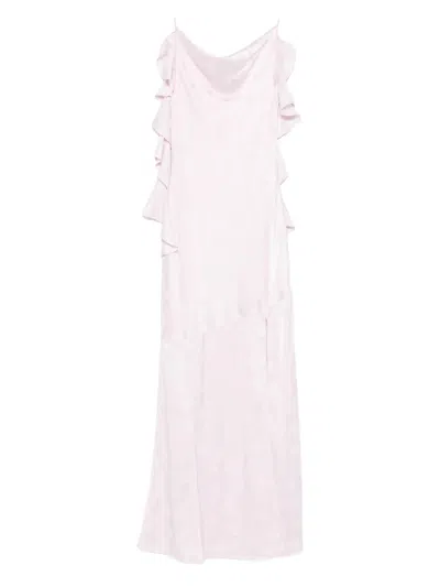 Rotate Birger Christensen Rotate Scoop Neck Maxi Dress With Waterfall Detail And Side Slit In Pink