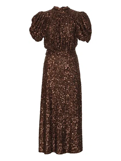 Rotate Birger Christensen Rotate Sequin Midi Dress With Short Sleeves And Zip Closure In Brown