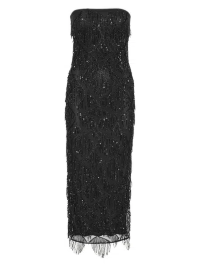 Rotate Birger Christensen Rotate Sequin Midi Tube Dress With Beaded Fringe Trim In Black