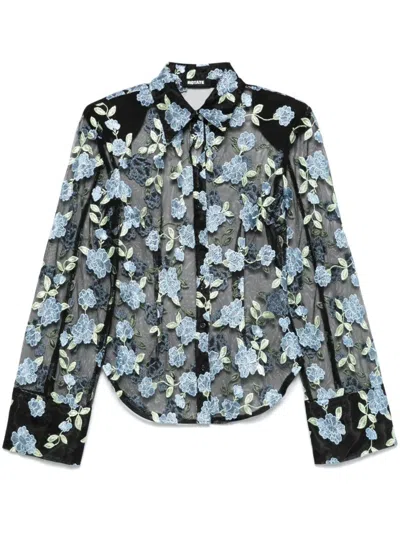 Rotate Birger Christensen Rotate Sheer Black Shirt With Intricate Floral Embroidery