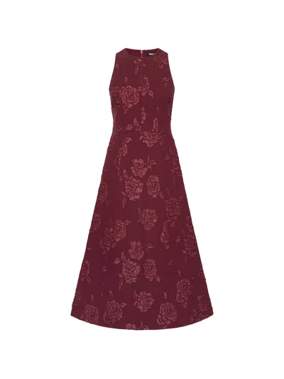 Rotate Birger Christensen Rotate Sleeveless Jacquard Midi Dress With Front Keyhole And Flared Skirt In Burgundy