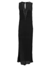 Rotate Birger Christensen Midi Black Dress With Plunging V Neck With Mesh Insert In Viscose Woman In Black