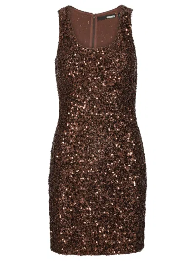Rotate Birger Christensen Rotate Sleeveless Sequin Mini Dress With Boat Neck - Size 34 In Brown