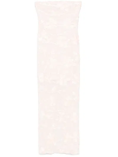Rotate Birger Christensen Rotate Strapless Fitted Dress With Sheer Floral Overlay In Neutrals