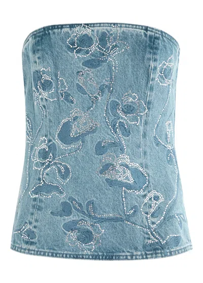 ROTATE BIRGER CHRISTENSEN ROTATE SUNDAY RHINESTONE STRAPLESS DENIM CORSET TOP