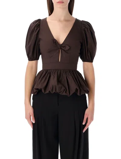 Rotate Birger Christensen Rotate Organic Cotton Mini Dress With Deep V-neck And Front Tie In Marrone