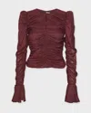 Rotate Birger Christensen Rotate Top Chiffon Ruched Long Sleeve In Burgundy