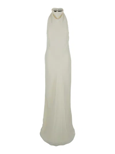 Rotate Birger Christensen Rotate White Crewneck Long Dress With Contrasting Lace Detail On The Rear In Tech Fabric Woman