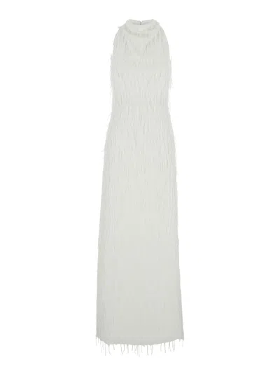 Rotate Birger Christensen Rotate White Long Dress With All-over Shimmering Fringes And Teardrop Opening On The Back In Tech Fa