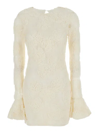 Rotate Birger Christensen Rotate White Mini Dress With Long Flared Sleeves And All-over Floral Embroidery In Tech Fabric