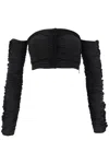Rotate Birger Christensen Rotate Ruched Off Shoulder Cropped Top In Black