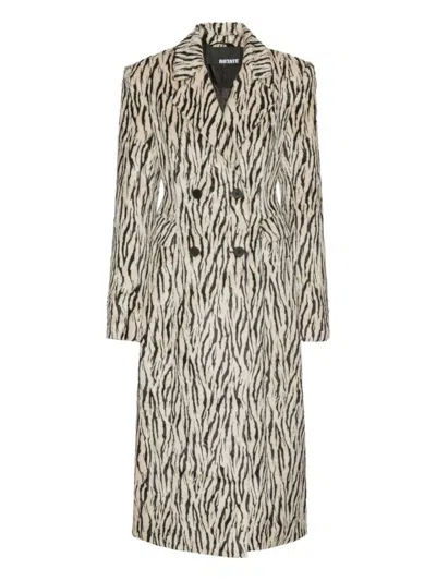 ROTATE BIRGER CHRISTENSEN ROTATE ZEBRA PRINT LONG COAT WITH DOUBLE-BREASTED DESIGN AND LARGE LAPELS