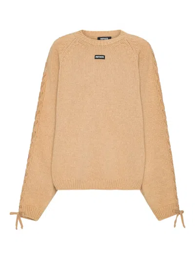 Rotate Birger Christensen Round Neck Knit Sweater With Tonal Lace-up Detail In Brown