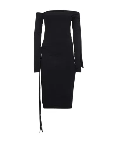 Rotate Birger Christensen Off-shoulder Tie-detail Midi Dress In Black