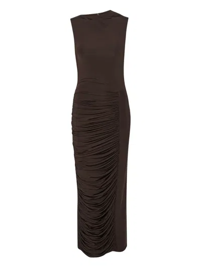 Rotate Birger Christensen Ruched Midi Dress In Brown
