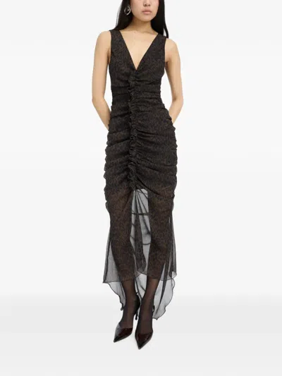 Rotate Birger Christensen Sleeveless Midi Dress With Ruched Detailing And Asymmetric Hemline In Brown