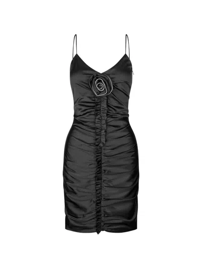 Rotate Birger Christensen Ruched Rose-appliqué Mini Dress In Black
