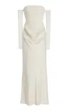 Rotate Birger Christensen Ruched Tulle And Satin Maxi Dress In Neutral