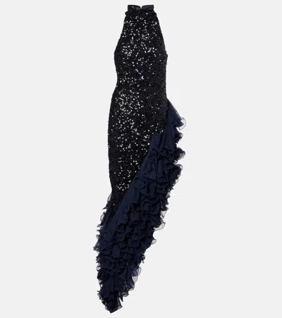 Rotate Birger Christensen Ruffled Sequined Cocktail Dress In Blue