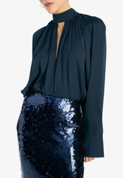 Rotate Birger Christensen Satin Bow Long-sleeved Blouse In Blue