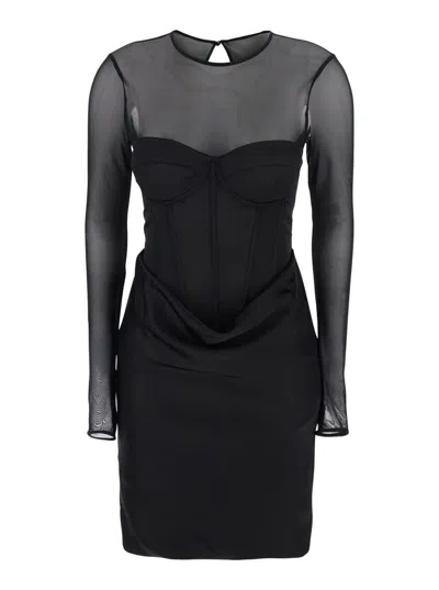 ROTATE BIRGER CHRISTENSEN BLACK SEMI-SHEER DRESS WITH CORSET DESIGN IN SATIN WOMAN