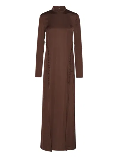 Rotate Birger Christensen Satin Long-sleeve Maxi Dress In Brown