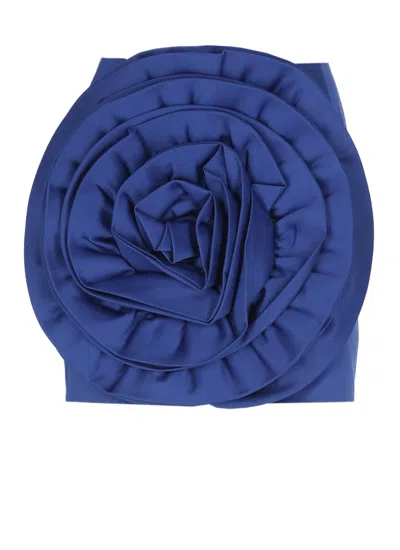 Rotate Birger Christensen Satin Mini Skirt With Oversized Floral Embellishment In Blue
