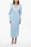 Rotate Birger Christensen Satin Wrap Dress With Balloon Sleeves In Brown