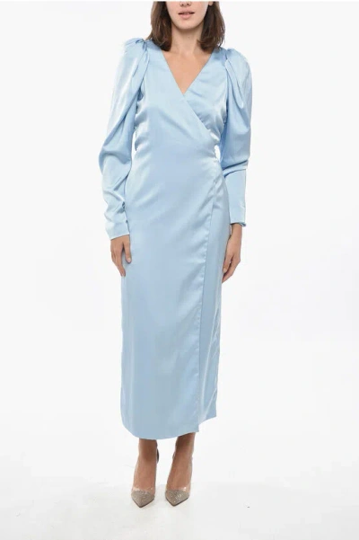 Rotate Birger Christensen Satin Wrap Dress With Balloon Sleeves In Brown