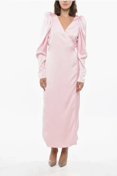 Rotate Birger Christensen Satin Wrap Dress With Balloon Sleeves In Pink