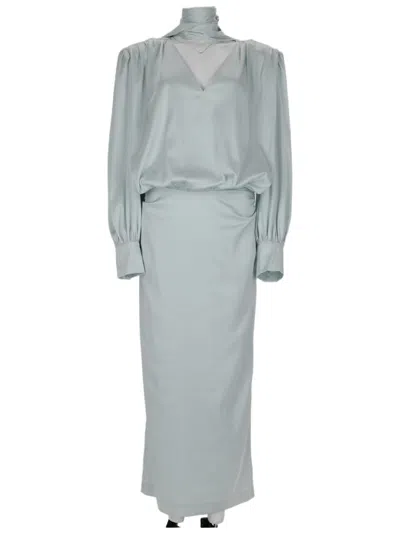 Rotate Birger Christensen Satin-like Midi Dress With Sheer Inset And Puffed Sleeves In Gray