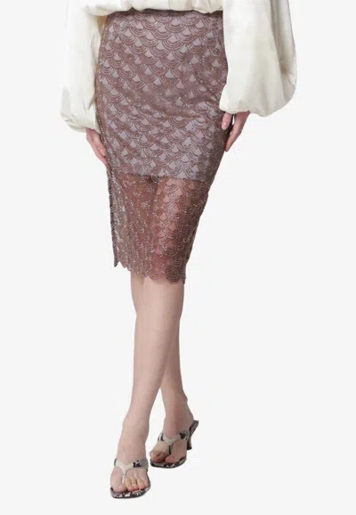 Rotate Birger Christensen Scallop Sequined Sheer Skirt In Burgundy