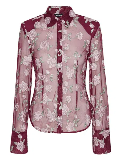 Rotate Birger Christensen Semi-sheer Burgundy Shirt With Floral Embroidery In Red