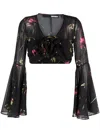Rotate Birger Christensen Semi-sheer Floral-print Cropped Blouse In Black