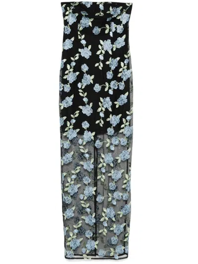 ROTATE BIRGER CHRISTENSEN SEMI-SHEER LONG DRESS WITH FLOWER EMBROIDERY.