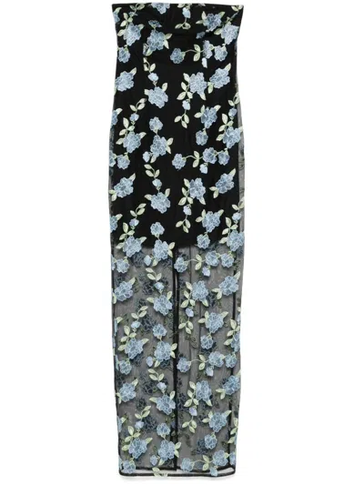 Rotate Birger Christensen Semi-sheer Long Dress With Flower Embroidery In Black