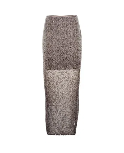 Rotate Birger Christensen Semi-transparent Pencil Skirt With All-over Sequins And Bead Embellishment In Brown