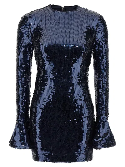 Rotate Birger Christensen Dress Round Neckline Long Sleeves Flared Cuffs Sequins In Blue