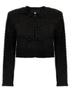 Rotate Birger Christensen Rotate Cropped Sequin Bouclé Jacket With Trimming And Collarless Design In Black