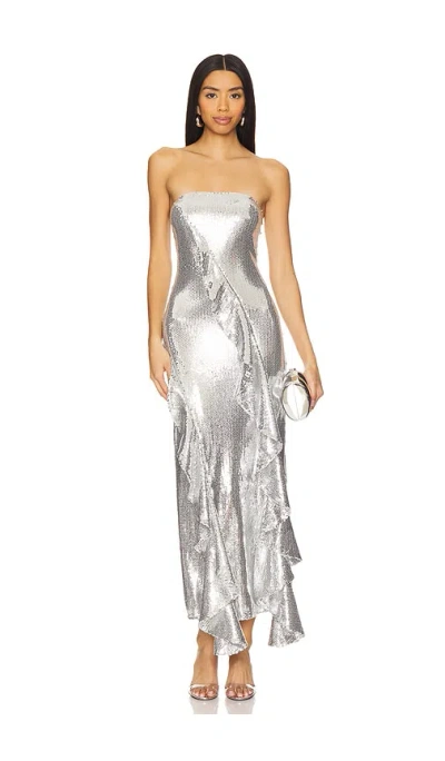 Rotate Birger Christensen Sequin Maxi Ruffle Dress In Silver