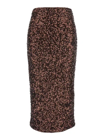 ROTATE BIRGER CHRISTENSEN BROWN MIDI SKIRT WITH ALL-OVER APPLIED SEQUIN IN TECH FABRIC WOMAN
