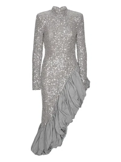 Rotate Birger Christensen Sequin Ruffled Asymmetric Dress In Gray