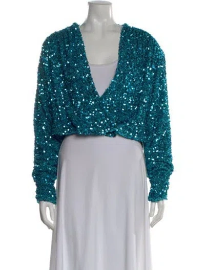 Pre-owned Rotate Birger Christensen Sequin V-neck Blouse In Blue