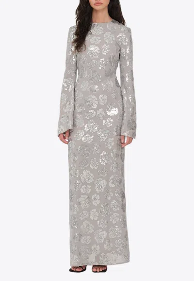 Rotate Birger Christensen Sequined Chiffon Maxi Dress In Silver